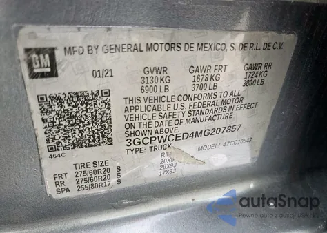 2021 Chevrolet Silverado C1500 Lt из США, поврежденный, VIN 3GCPWCED4MG207857